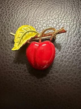 Vintage Cherry Or Apple Brooch Pin Goldtone & Deep Red